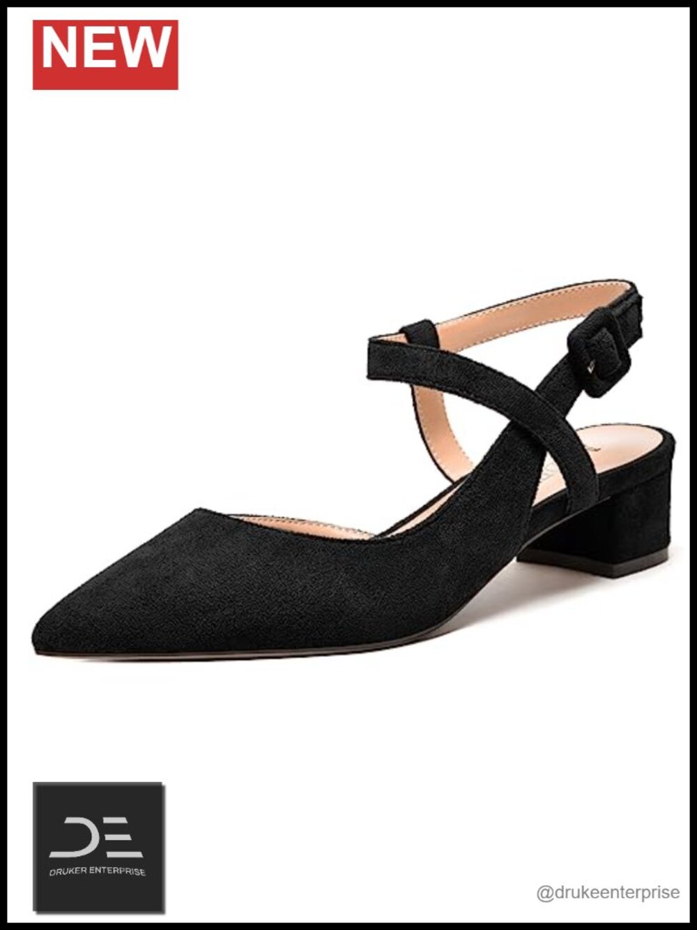 Suede Pointed Toe Ankle Strap Chunky Low Heel Dress Pumps 1.5 Inch